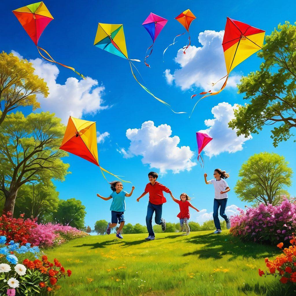 A colorful scene depicting a family of four flying vibrant kites in a clear blue sky, surrounded by fluffy white clouds. The children are laughing, running joyfully as their kites dance in the wind, with a picturesque park in the background filled with blooming flowers and cheerful families. Sunlight casts a warm glow, highlighting the happiness and connection of the family. super-realistic. vibrant colors. cheerful atmosphere.