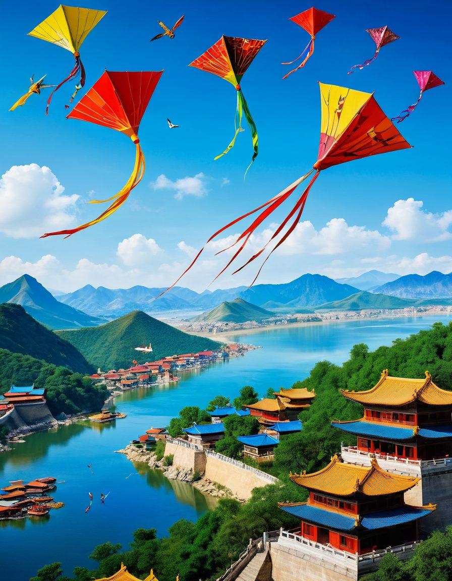A vibrant scene of traditional Chinese kite flying above a picturesque landscape, showcasing a blend of colorful kites in various shapes, including dragons and birds, soaring under a clear blue sky. Below, artisans are crafting kites using heritage techniques while modern innovations are displayed, creating a contrast of old and new. Emphasize the cultural richness and creativity of the activity. super-realistic. bright colors. dynamic atmosphere.