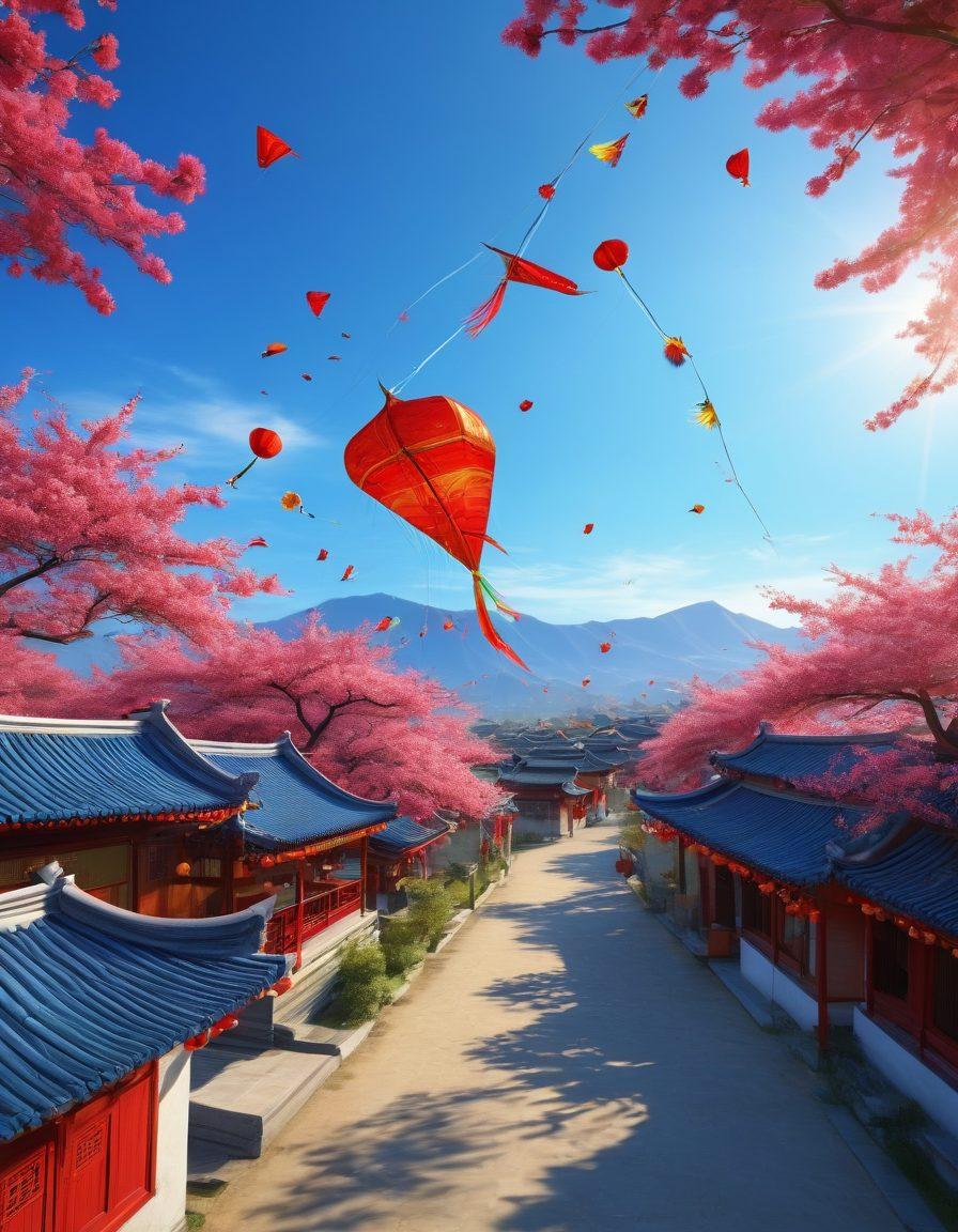 Capture a vibrant scene of various colorful Chinese kites soaring in a blue sky, set against a traditional Chinese village with red lanterns and blossoming cherry trees. Include joyful families participating in kite flying, dressed in colorful traditional attire. The sunlight should illuminate the kites to enhance their vivid colors and patterns. super-realistic. vibrant colors. 3D.